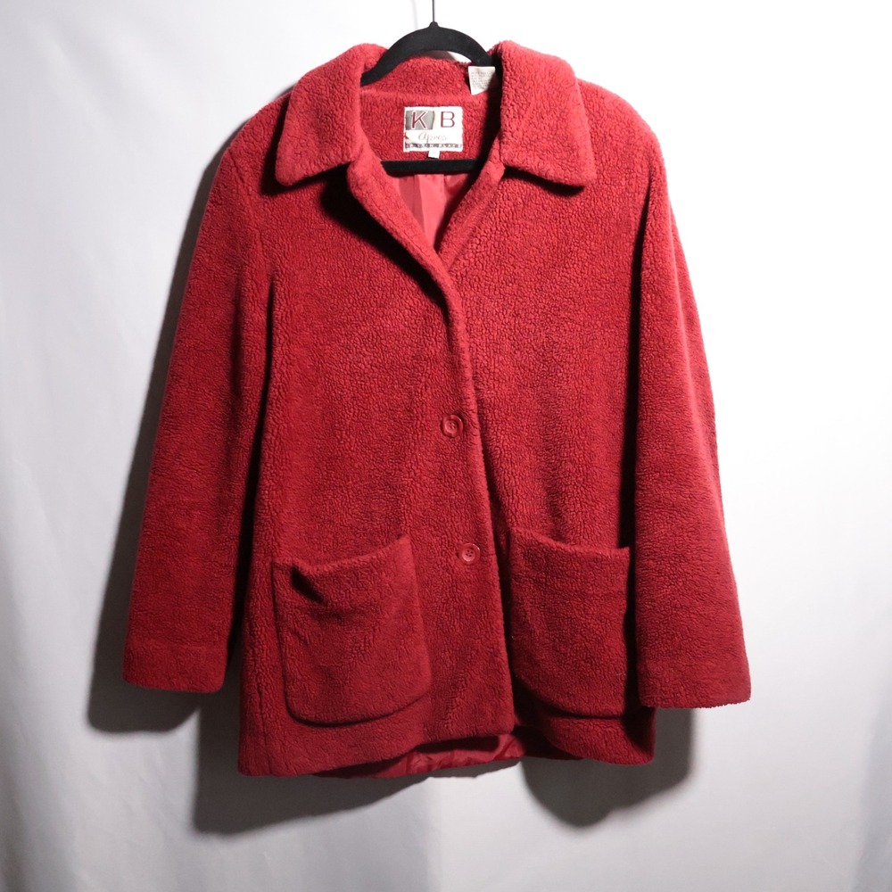 VTG KB Kristen Blake Womens Red Sherpa Fleece Button Front Teddy‎ Jacket M 90s